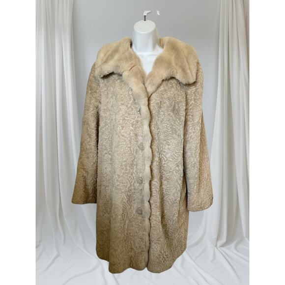 Vtg 1950s American Apparel Cream Faux Persian Lamb Coat with Mink-Style Collar - Picture 1 of 8